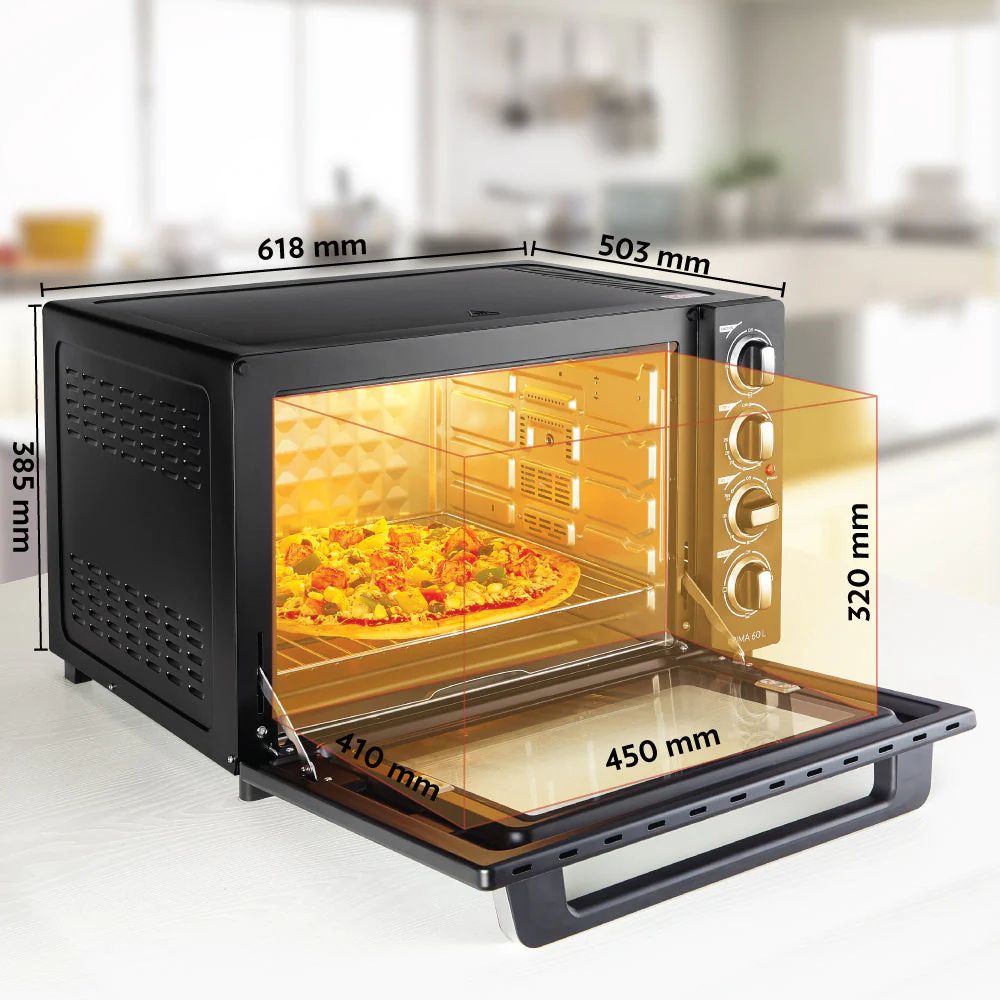 Borosil Prima 60 Litres Digital Oven Toaster & Grill | Motorized Rotisserie & Convection Heating | Black