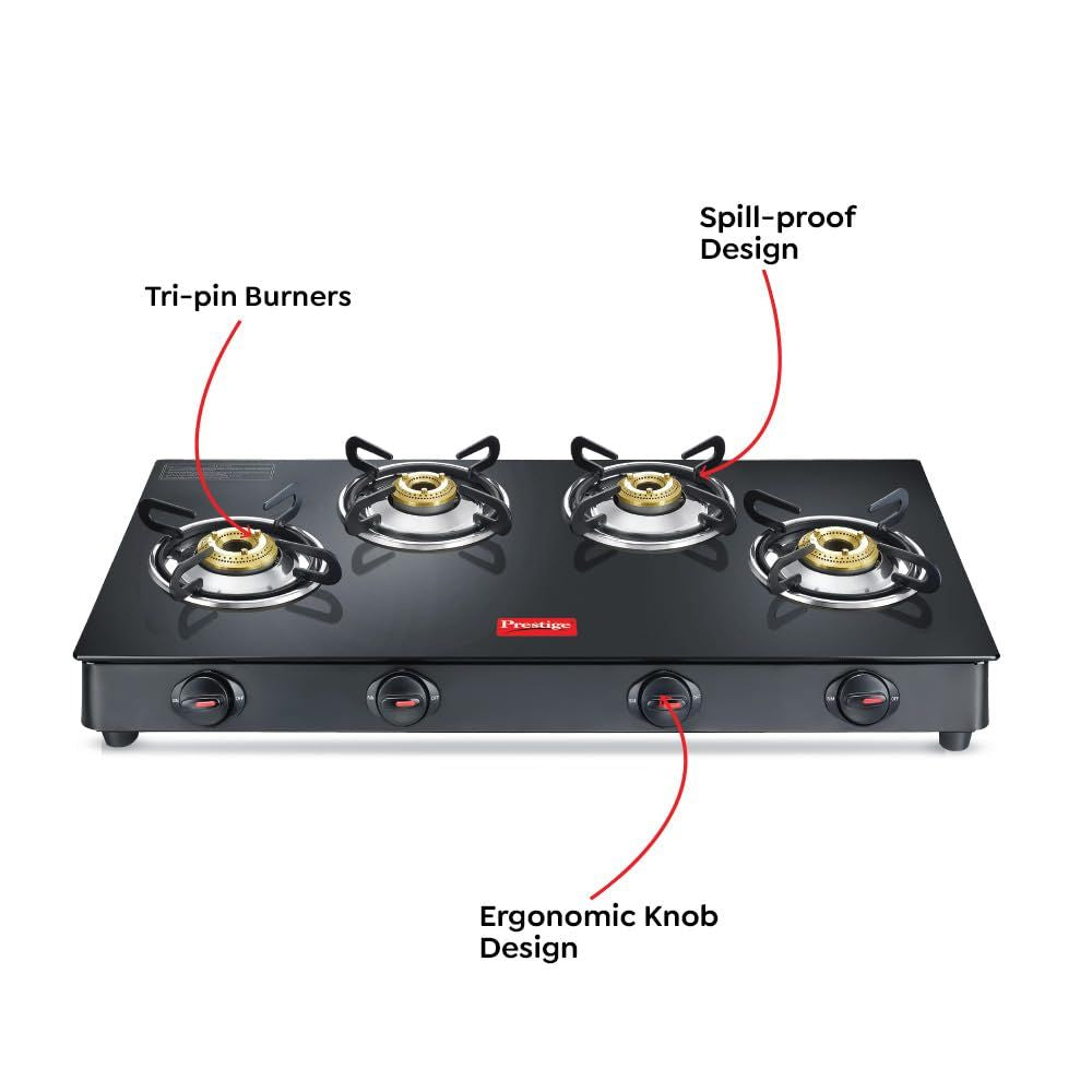 Prestige Magic Plus 4 Burner Powder Coated Toughened Glass Top LP Gas Stove | Black