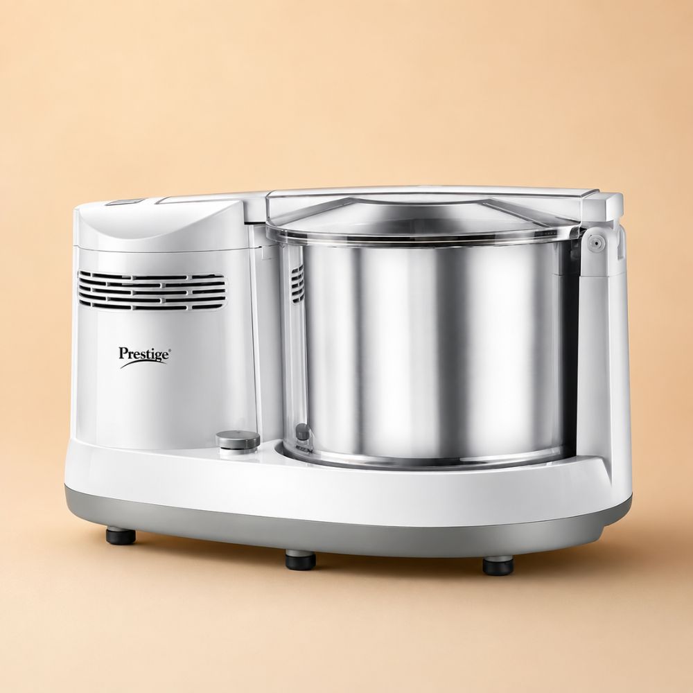 Prestige Grind Master 200 Watts 2 Litre Wet Grinder with Advanced Interlocking Mechanism | Atta Kneader & Coconut Scraper Attachments | White