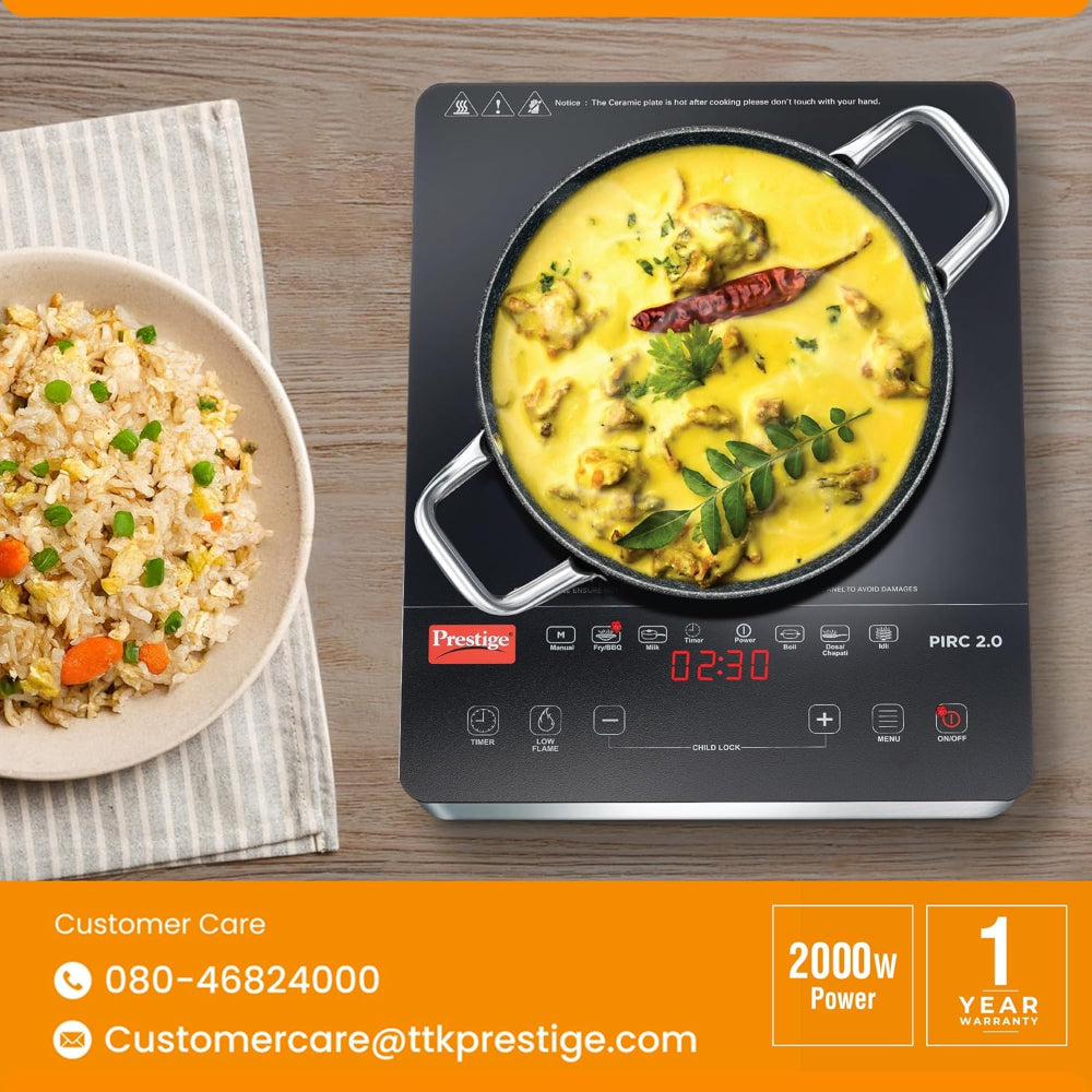 Prestige PIRC 2.0 2000 Watts Infrared Dual Heating Zone Cooktop | Feather Touch Buttons | Black & Silver