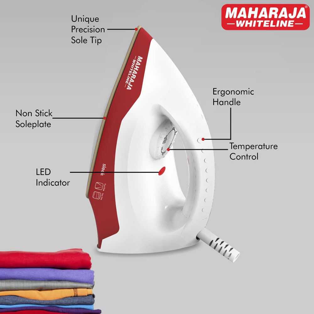 Maharaja Whiteline Sleek 1000 Watt Dry Iron | White & Red