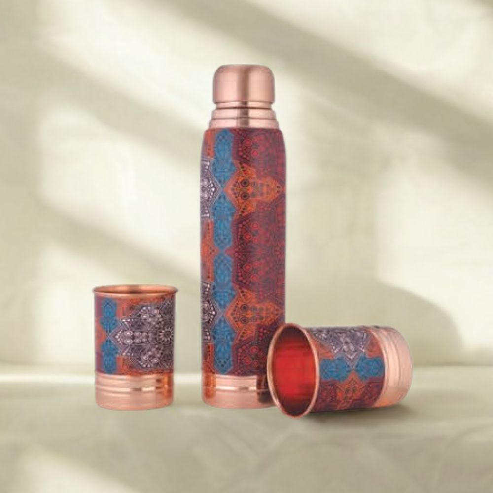 Lacoppera Copper 3D Printed Ayurship Mandala Rediance Gift Set | Bottle with 2 Glasses | Unique Gift Set | Set of 3 Pcs