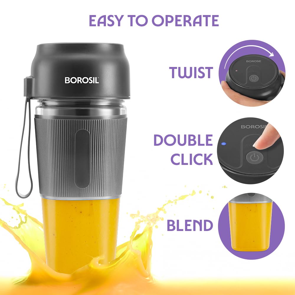 Borosil NutriGrip 40 Watts Portable Blender | Low-Noise DC Motor | Grey