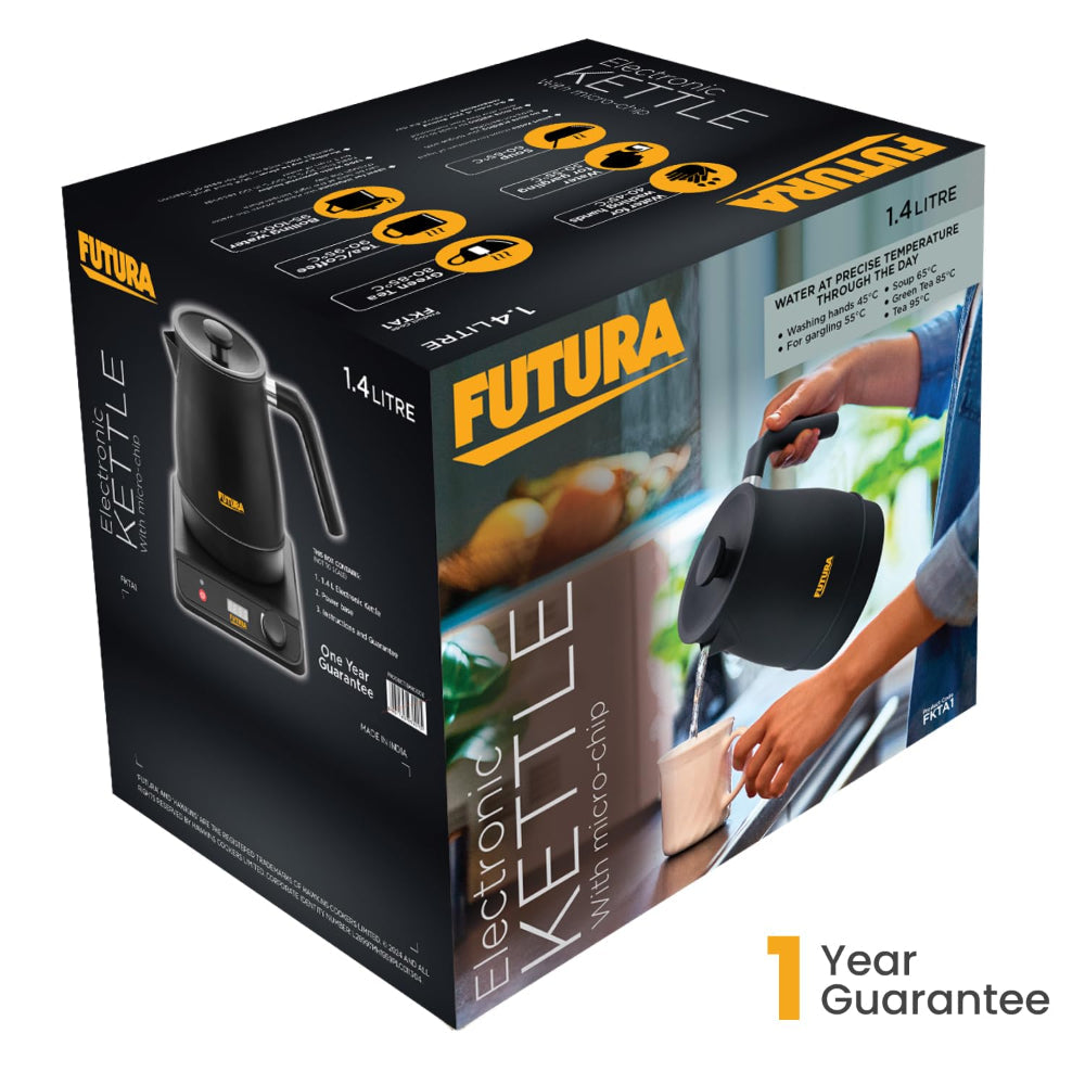 Hawkins Futura Stainless Steel 1.4 Litre 1200 Watts Electronic Smart Kettle with Micro-Chip - FKTA1 | Black