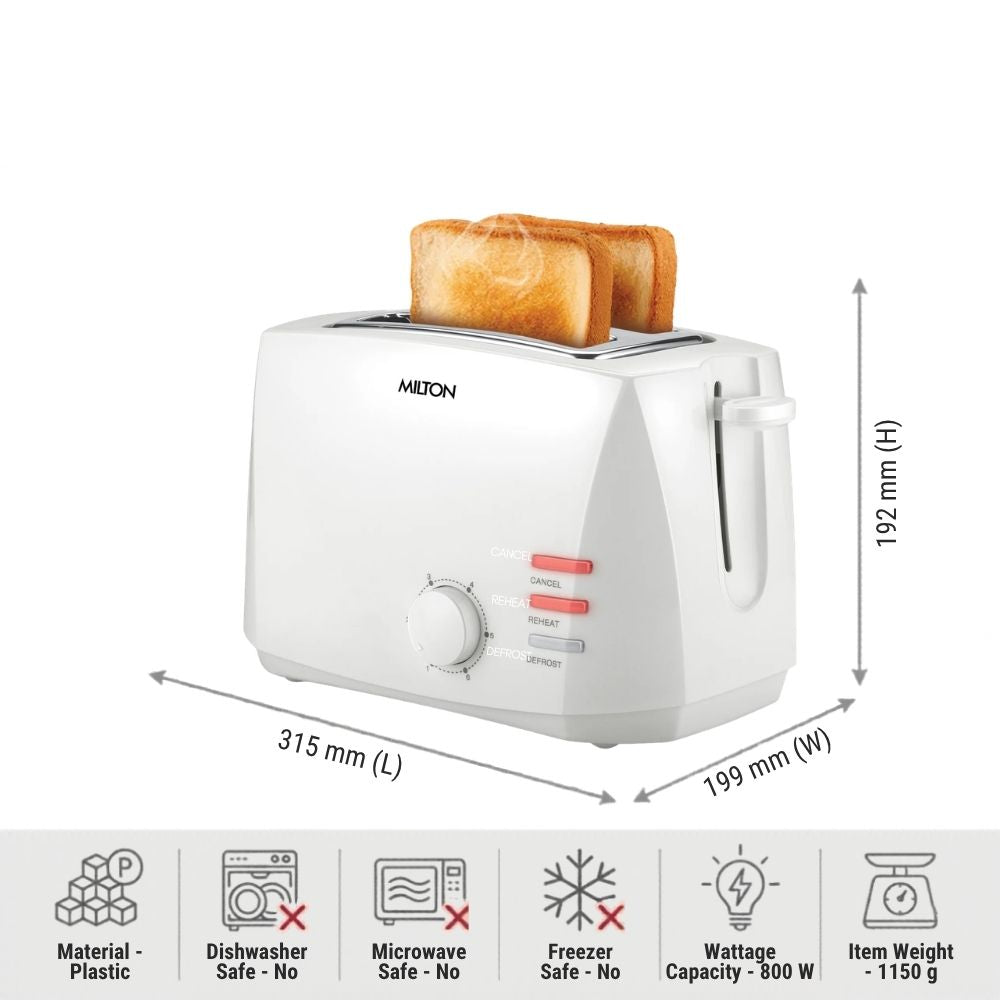 Milton Gold Crust 800 Watts 2-Slice Pop Up Toaster | 6 Browning Settings | White