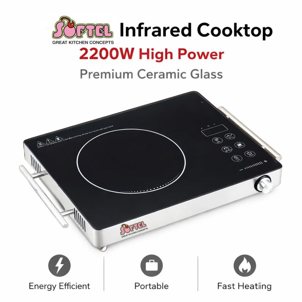 Softel - BEDIYA 2200 Watts Infrared Cooktop with Grill Rack | Stainless Steel & Ceramic | Black & Silver