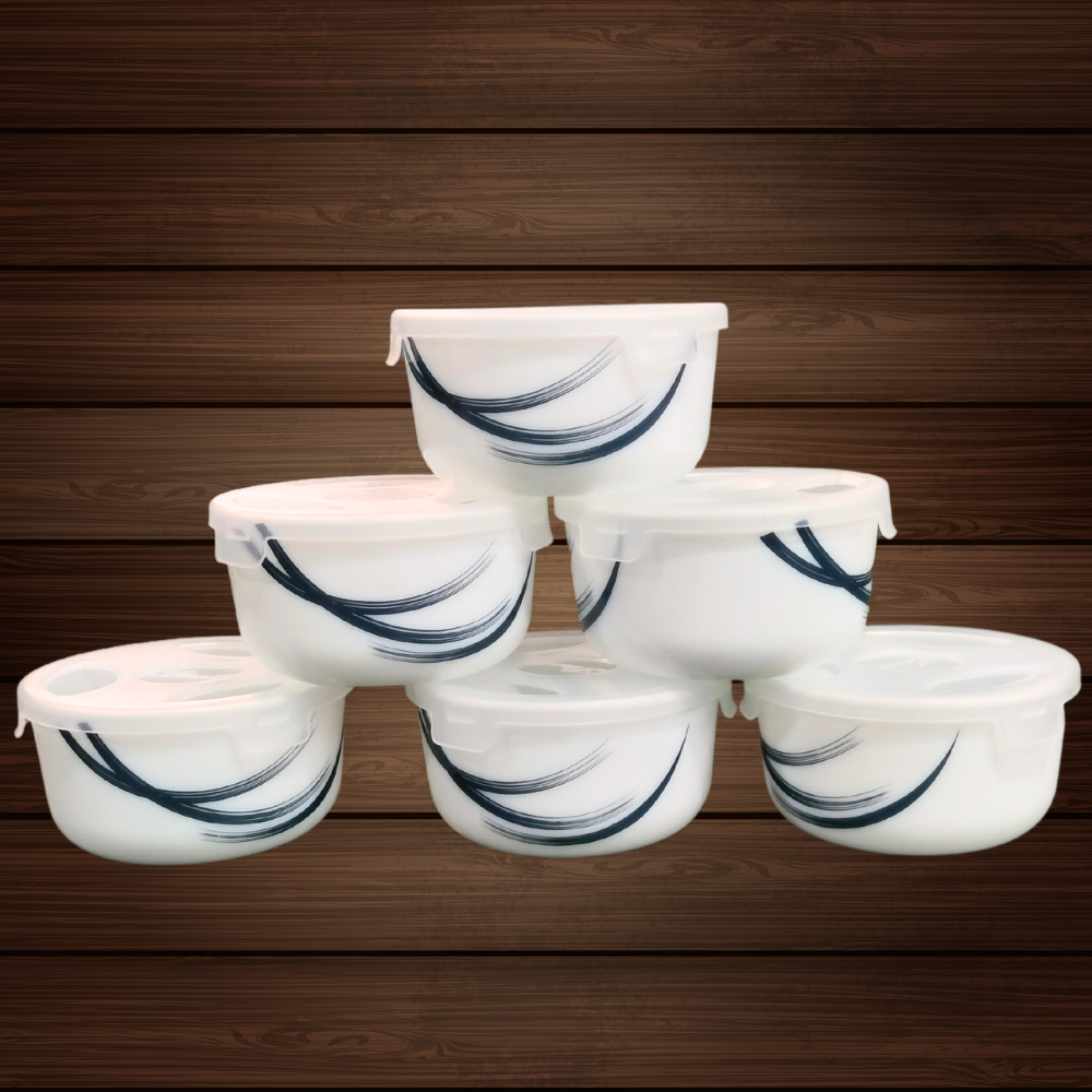 Larah by Borosil Opalware Katori with Lid | 6 Bowls and 6 Lids