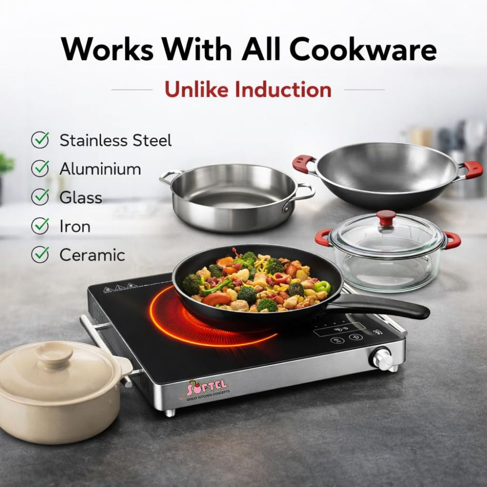 Softel - BEDIYA 2200 Watts Infrared Cooktop with Grill Rack | Stainless Steel & Ceramic | Black & Silver