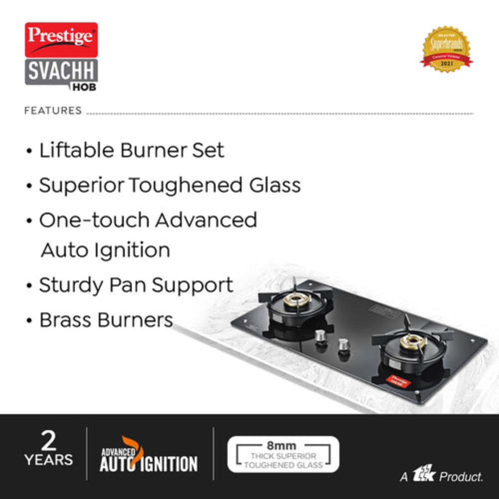 Prestige Svachh PSVH 02 Toughened Glass Top Hobtop with Liftable Burner Set | Auto Multi Spark Ignition | Black