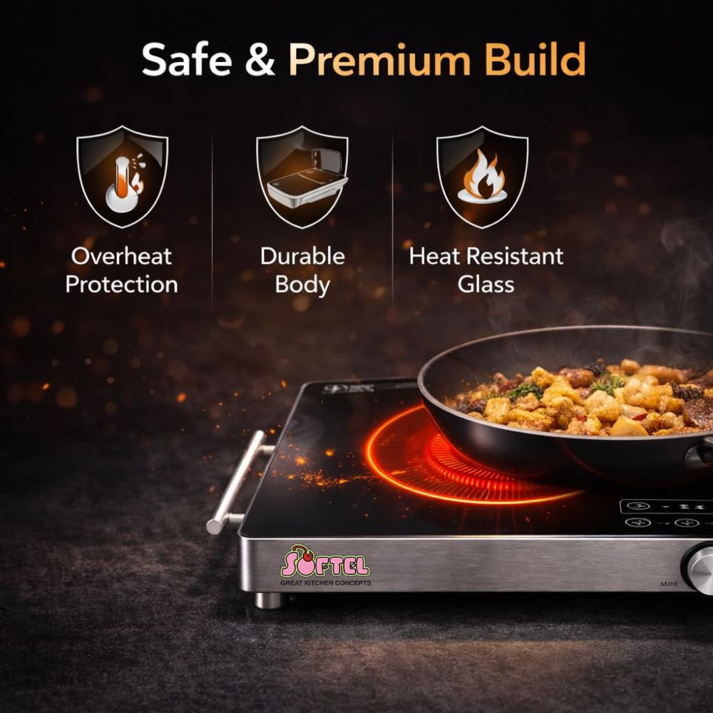 Softel - BEDIYA 2200 Watts Infrared Cooktop with Grill Rack | Stainless Steel & Ceramic | Black & Silver