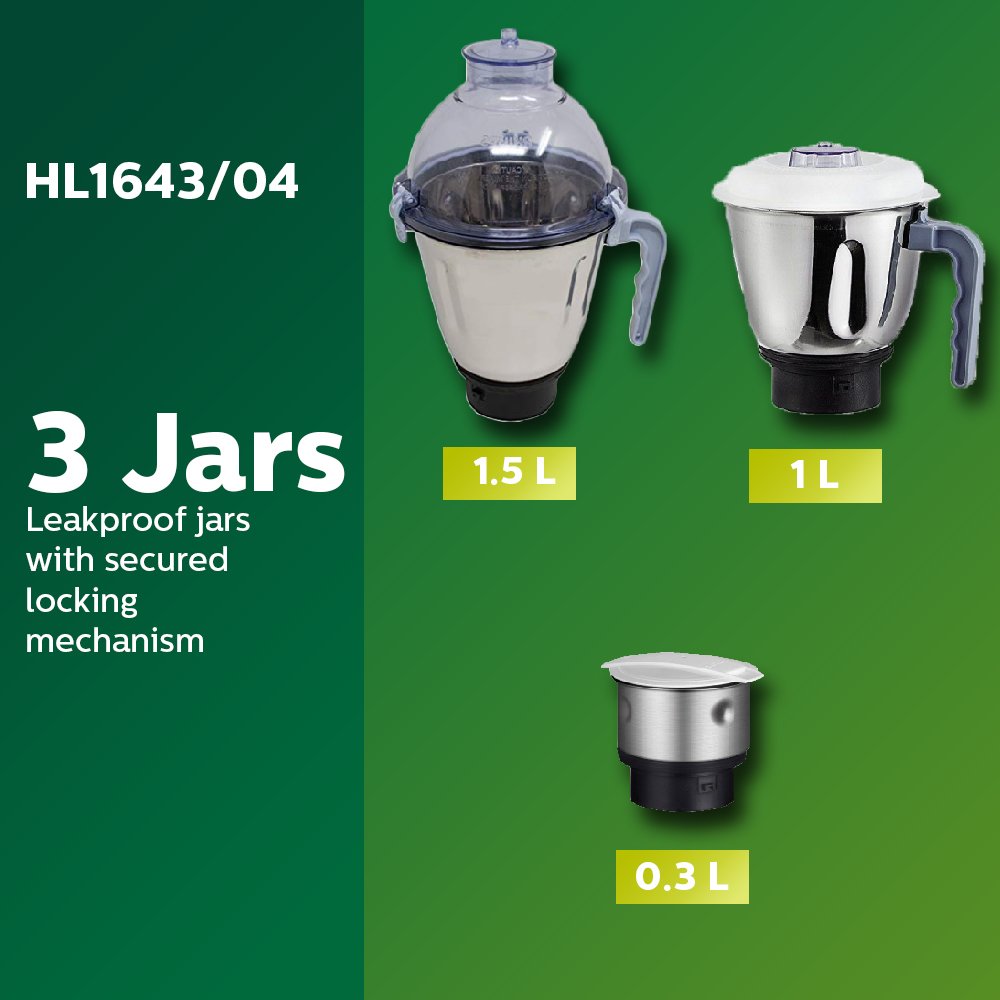 Philips HL1643/04 600-Watt Simply Silent Vertical Mixer Grinder with 3 Jars