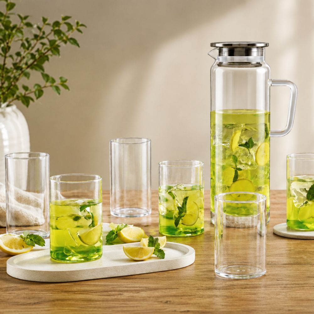 Borosil Mist Lemon Set - 1300 ML Jug + 235 ML 6 Glasses | Transparent | Set of 7 Pcs
