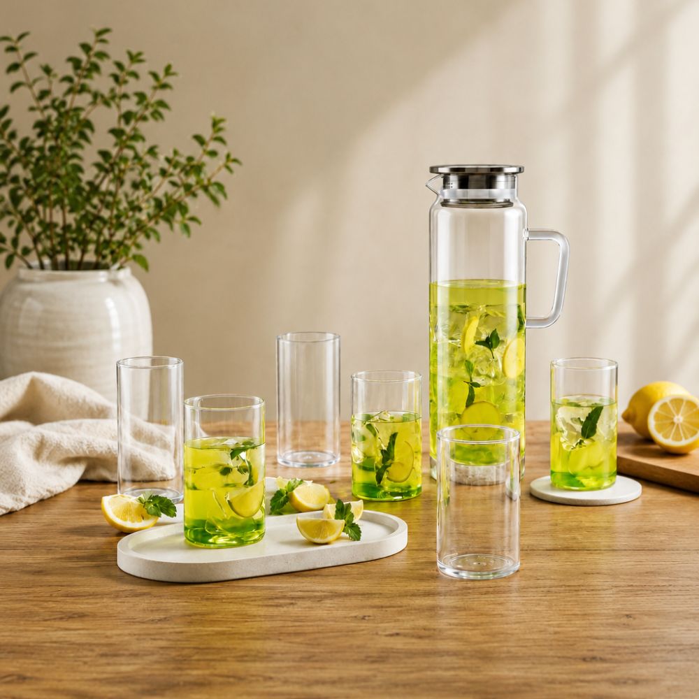 Borosil Mist Lemon Set - 1300 ML Jug + 235 ML 6 Glasses | Transparent | Set of 7 Pcs