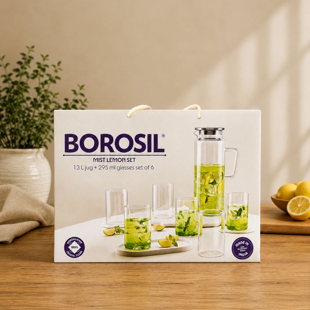 Borosil Mist Lemon Set - 1300 ML Jug + 235 ML 6 Glasses | Transparent | Set of 7 Pcs
