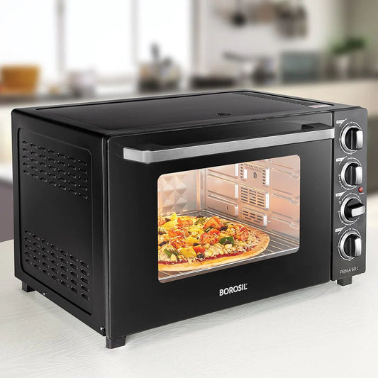 Borosil Prima 60 Litres Digital Oven Toaster & Grill | Motorized Rotisserie & Convection Heating | Black