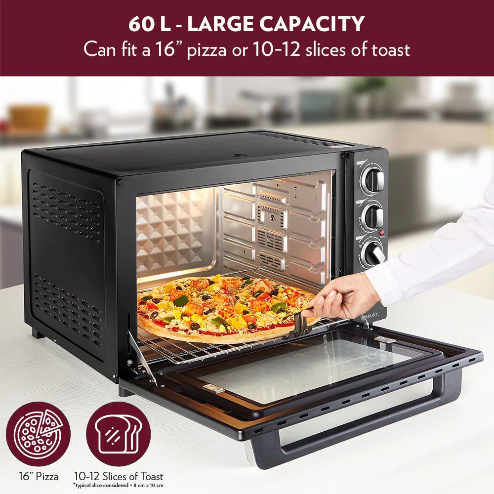 Borosil Prima 60 Litres Digital Oven Toaster & Grill | Motorized Rotisserie & Convection Heating | Black