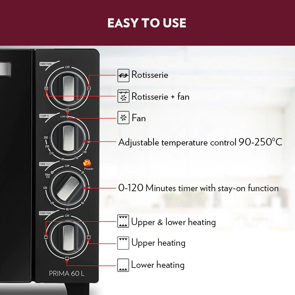 Borosil Prima 60 Litres Digital Oven Toaster & Grill | Motorized Rotisserie & Convection Heating | Black