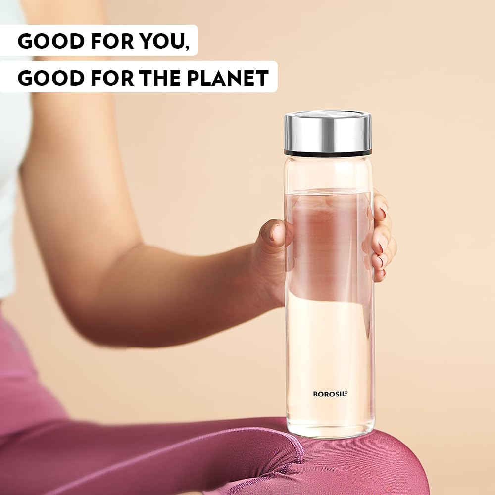Borosil Crysto Glass 750 ML Bottle with Stainless Steel Lid | Transparent | 1 Pc