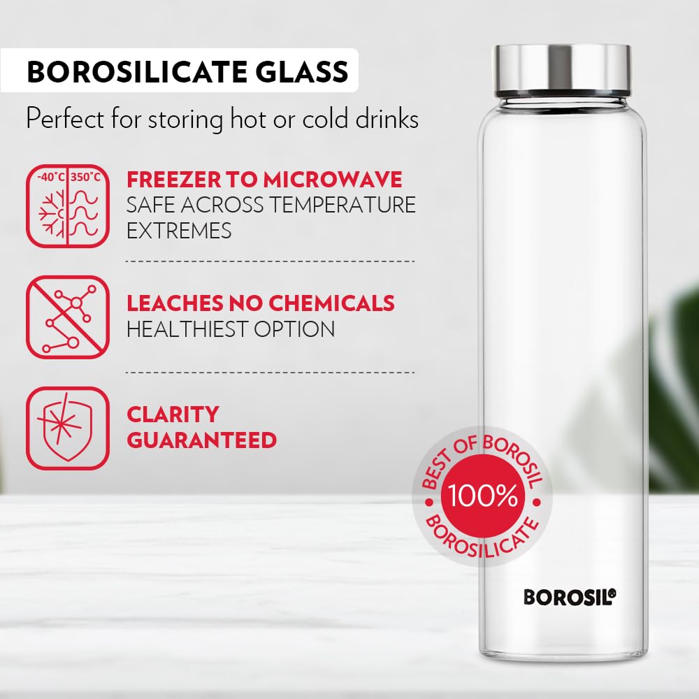 Borosil Crysto Glass 750 ML Bottle with Stainless Steel Lid | Transparent | 1 Pc