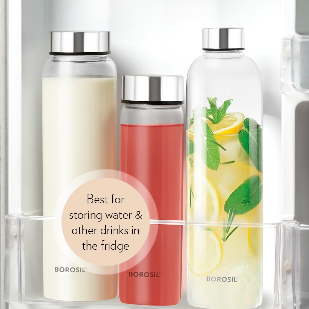 Borosil Crysto Glass 750 ML Bottle with Stainless Steel Lid | Transparent | 1 Pc