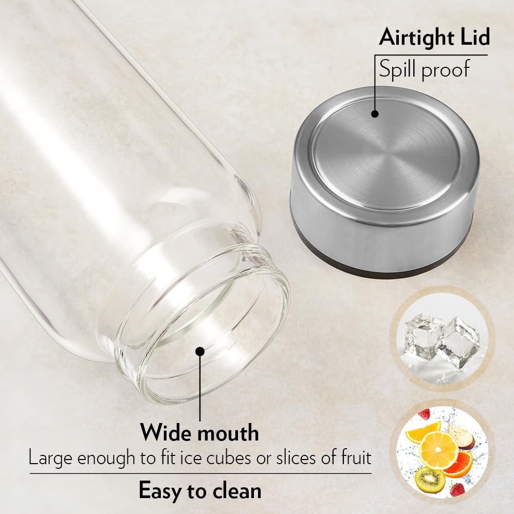 Borosil Crysto Glass 750 ML Bottle with Stainless Steel Lid | Transparent | 1 Pc