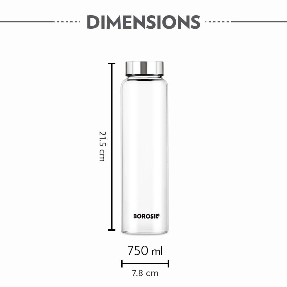 Borosil Crysto Glass 750 ML Bottle with Stainless Steel Lid | Transparent | 1 Pc