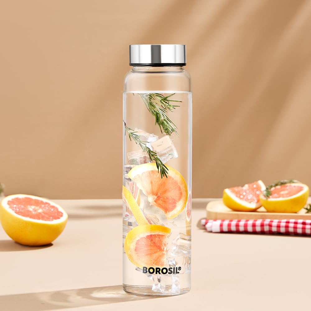 Borosil Crysto Glass 750 ML Bottle with Stainless Steel Lid | Transparent | 1 Pc