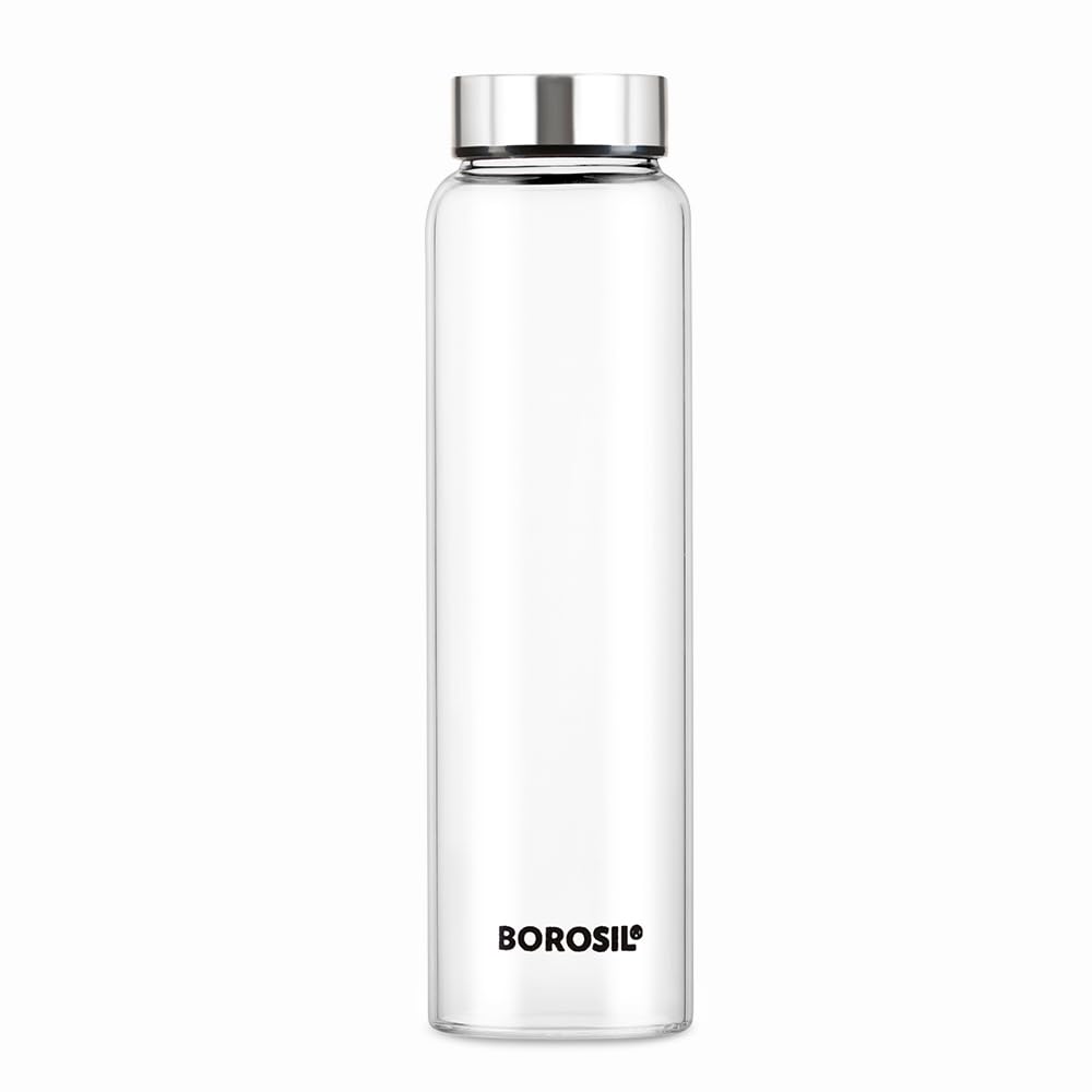 Borosil Crysto Glass 750 ML Bottle with Stainless Steel Lid | Transparent | 1 Pc