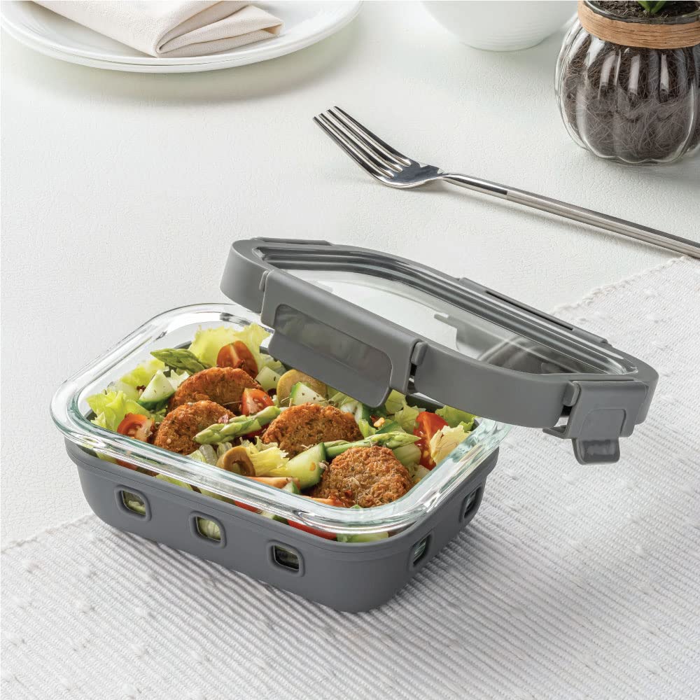 Borosil Klip n Store Plus Rectangular Glass Food Storage Container | Grey | 1 Pc