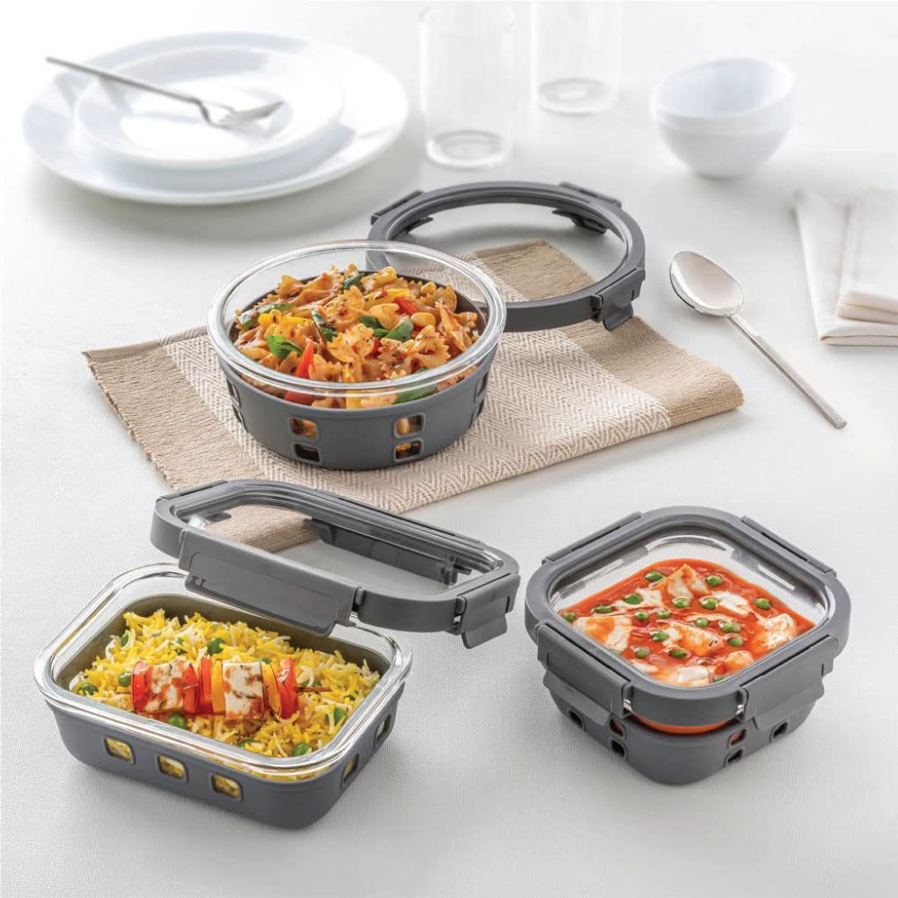 Borosil Klip n Store Plus Rectangular Glass Food Storage Container | Grey | 1 Pc