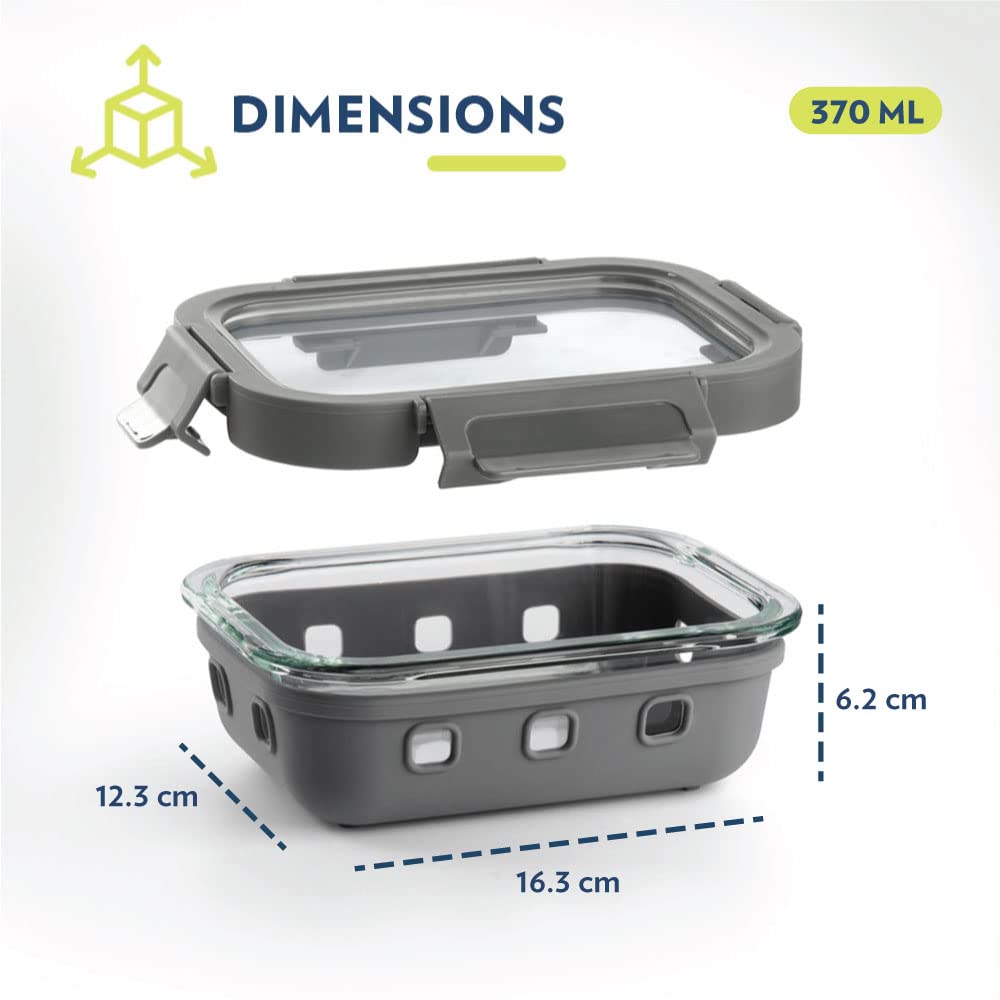 Borosil Klip n Store Plus Rectangular Glass Food Storage Container | Grey | 1 Pc