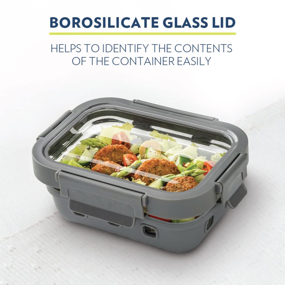 Borosil Klip n Store Plus Rectangular Glass Food Storage Container | Grey | 1 Pc