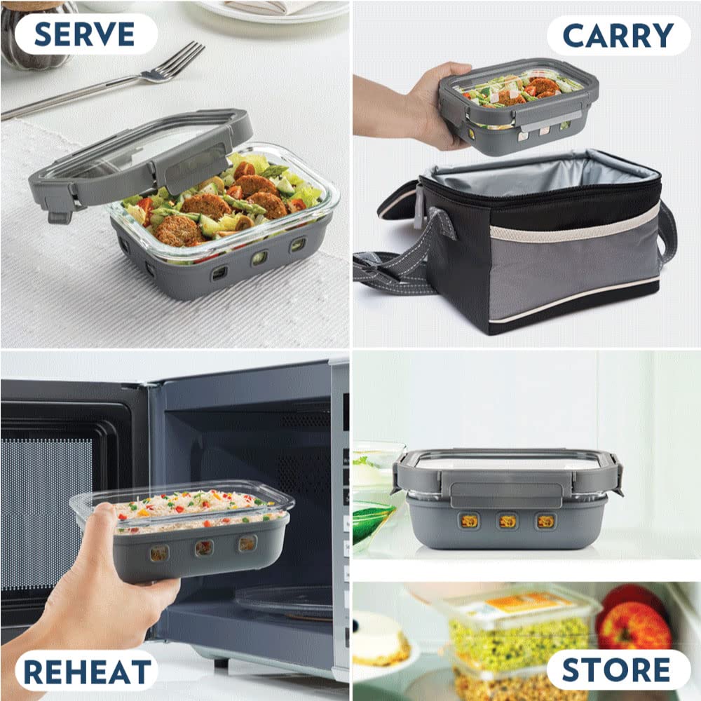 Borosil Klip n Store Plus Rectangular Glass Food Storage Container | Grey | 1 Pc