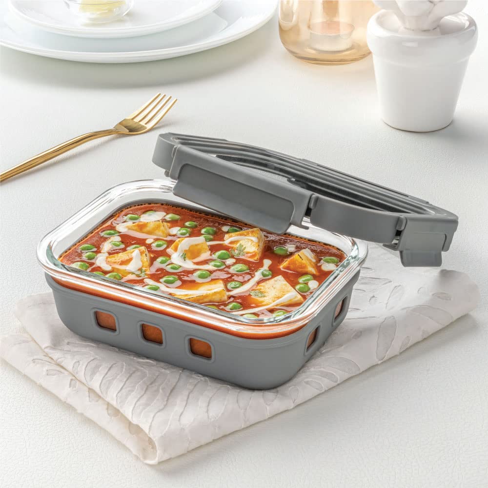 Borosil Klip n Store Plus Rectangular Glass Food Storage Container | Grey | 1 Pc