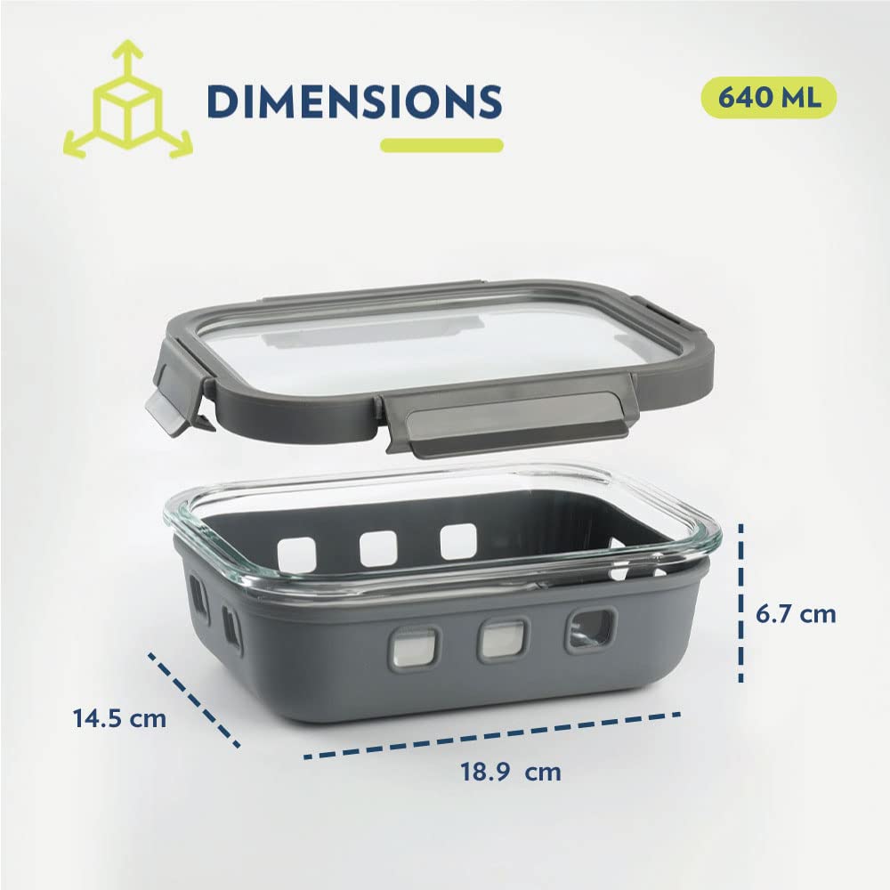 Borosil Klip n Store Plus Rectangular Glass Food Storage Container | Grey | 1 Pc