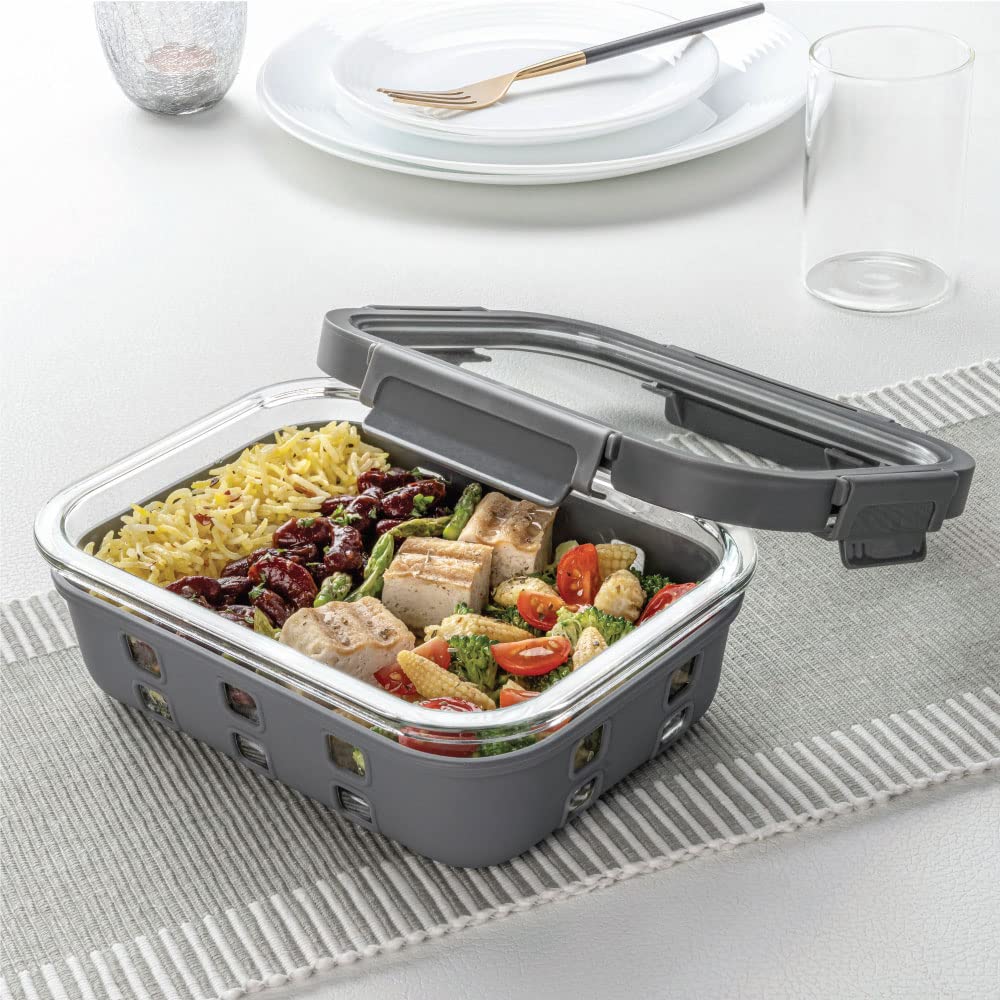 Borosil Klip n Store Plus Rectangular Glass Food Storage Container | Grey | 1 Pc