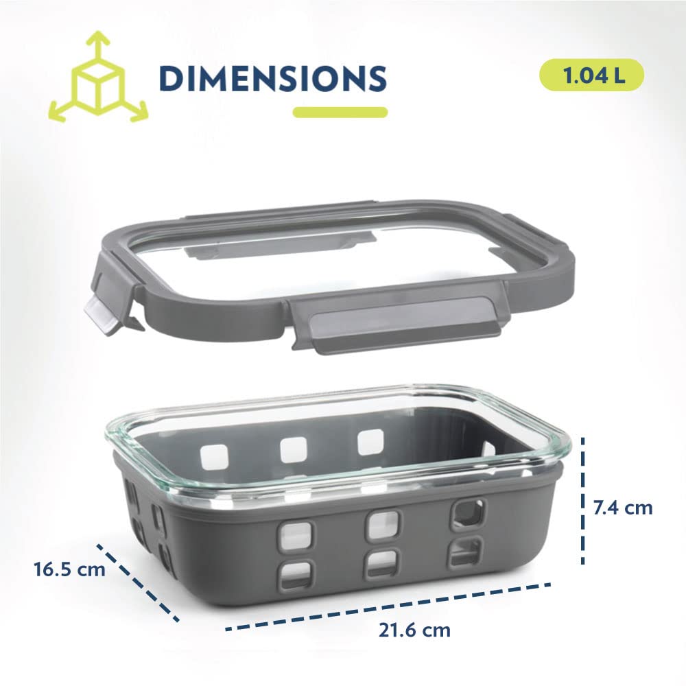 Borosil Klip n Store Plus Rectangular Glass Food Storage Container | Grey | 1 Pc