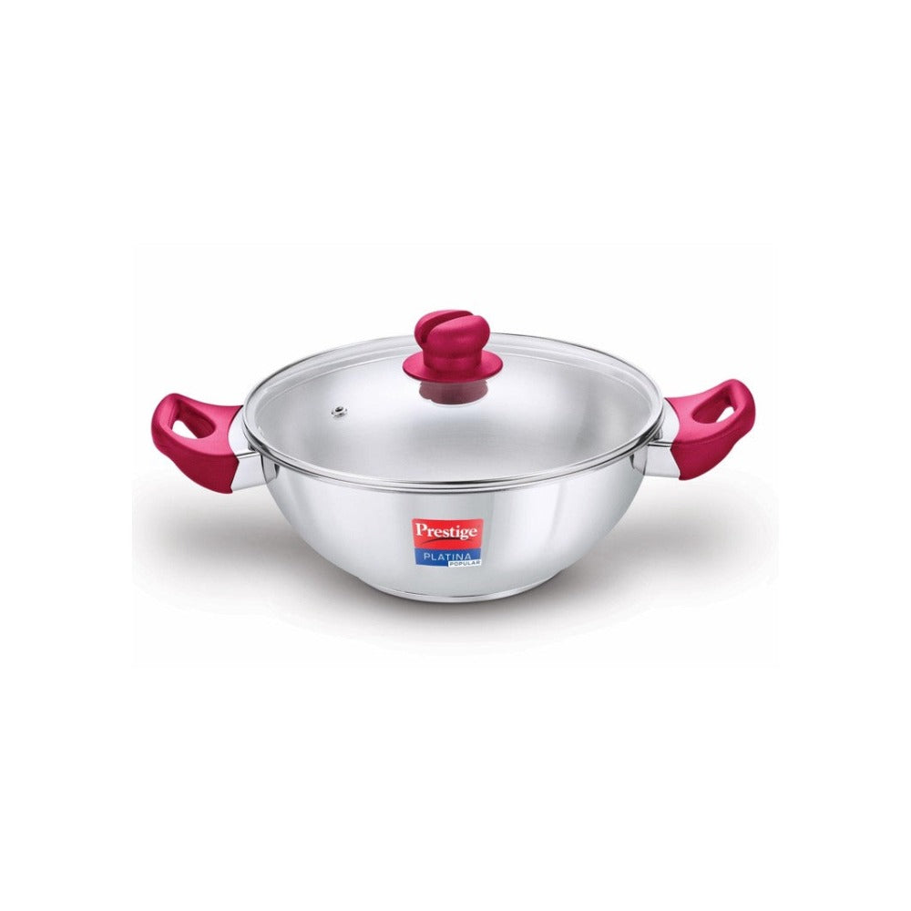Prestige Platina Popular Stainless Steel Kadai with Glass Lid | Induction Compatible | Silver & Pink