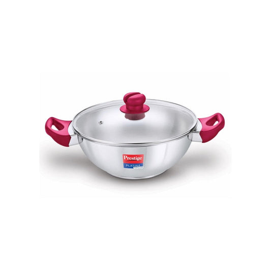 Prestige Platina Popular Stainless Steel Kadai with Glass Lid | Induction Compatible | Silver & Pink