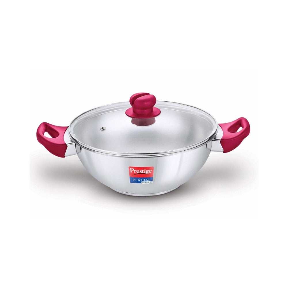 Prestige Platina Popular Stainless Steel Kadai with Glass Lid | Induction Compatible | Silver & Pink