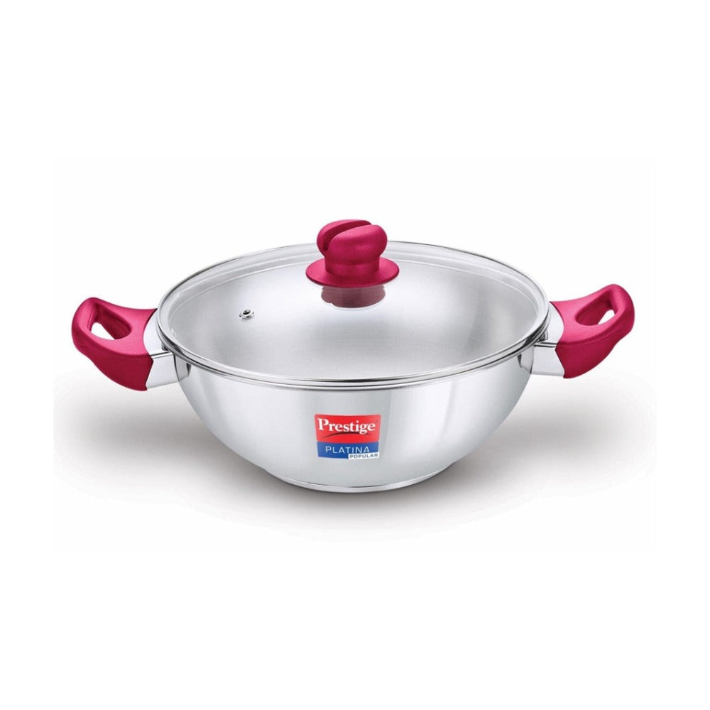 Prestige Platina Popular Stainless Steel Kadai with Glass Lid | Induction Compatible | Silver & Pink