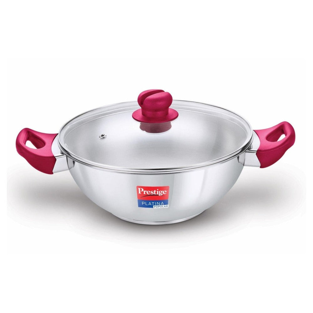 Prestige Platina Popular Stainless Steel Kadai with Glass Lid | Induction Compatible | Silver & Pink