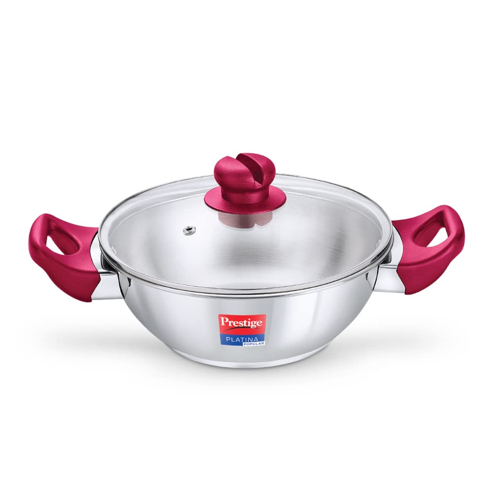 Prestige Platina Popular Stainless Steel Kadai with Glass Lid | Induction Compatible | Silver & Pink