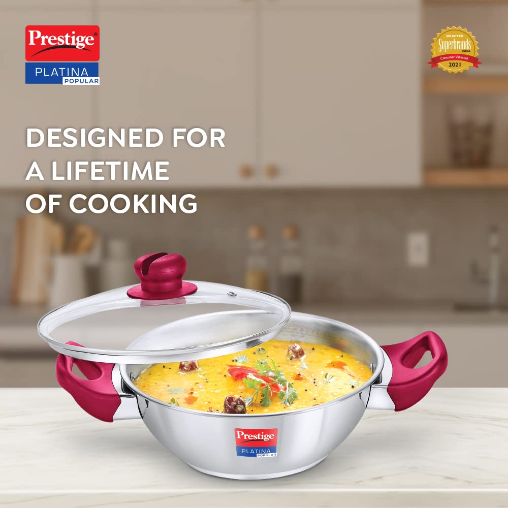 Prestige Platina Popular Stainless Steel Kadai with Glass Lid | Induction Compatible | Silver & Pink