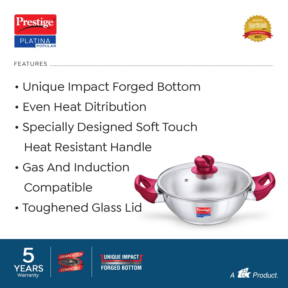 Prestige Platina Popular Stainless Steel Kadai with Glass Lid | Induction Compatible | Silver & Pink