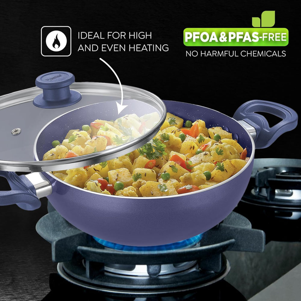 Prestige Ceraglide Ceramic Coated 24 cm Non-Stick Kadai with Glass Lid | Gas & Induction Compatible | Blue