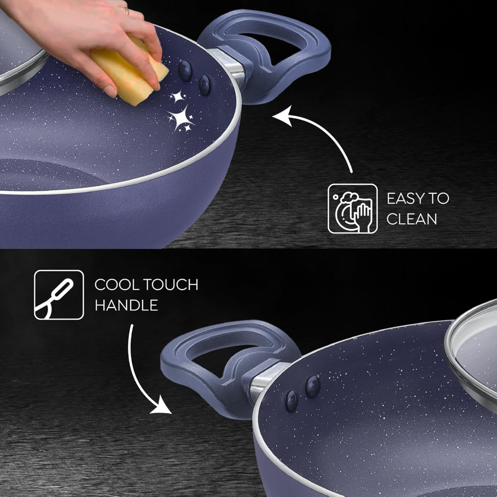 Prestige Ceraglide Ceramic Coated 24 cm Non-Stick Kadai with Glass Lid | Gas & Induction Compatible | Blue