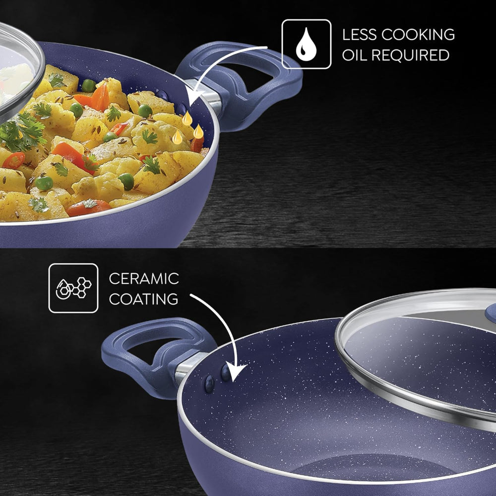 Prestige Ceraglide Ceramic Coated 24 cm Non-Stick Kadai with Glass Lid | Gas & Induction Compatible | Blue