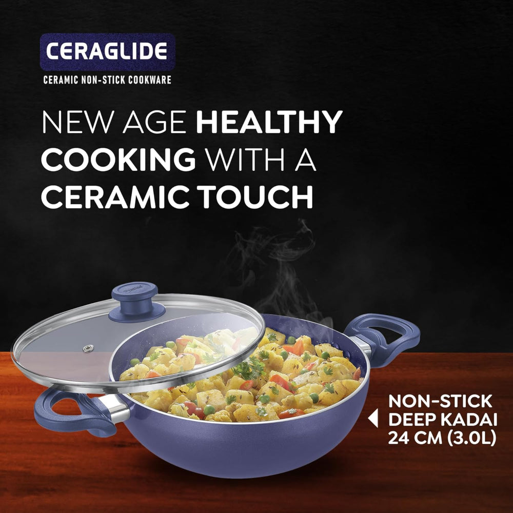 Prestige Ceraglide Ceramic Coated 24 cm Non-Stick Kadai with Glass Lid | Gas & Induction Compatible | Blue