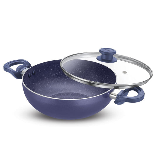 Prestige Ceraglide Ceramic Coated 24 cm Non-Stick Kadai with Glass Lid | Gas & Induction Compatible | Blue